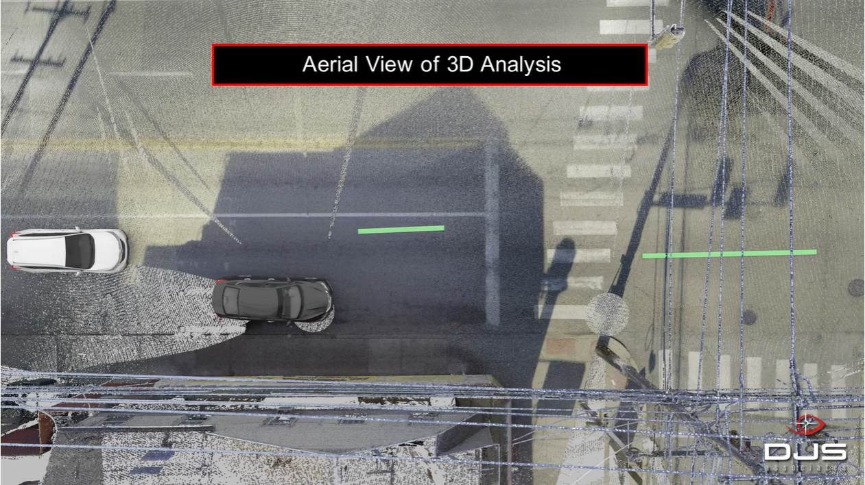 Aerial view of 3D analysis depicting vehicle and tire marks on wet roadway. Still frame from forensic video analysis.