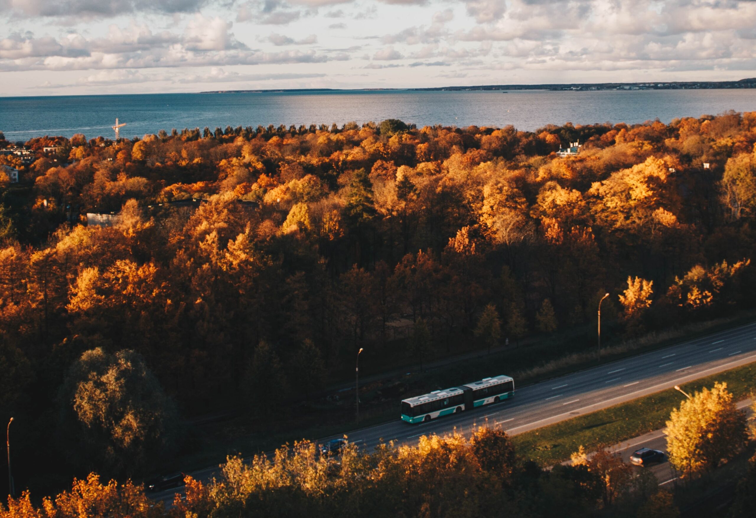 Charter bus driving on highway surrounded by autumn scenery