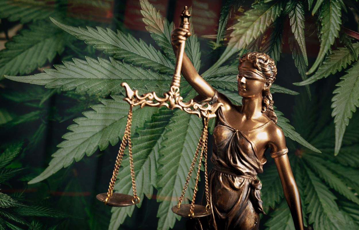 Lady Justice statue superimposed in front of marijuana leaves.